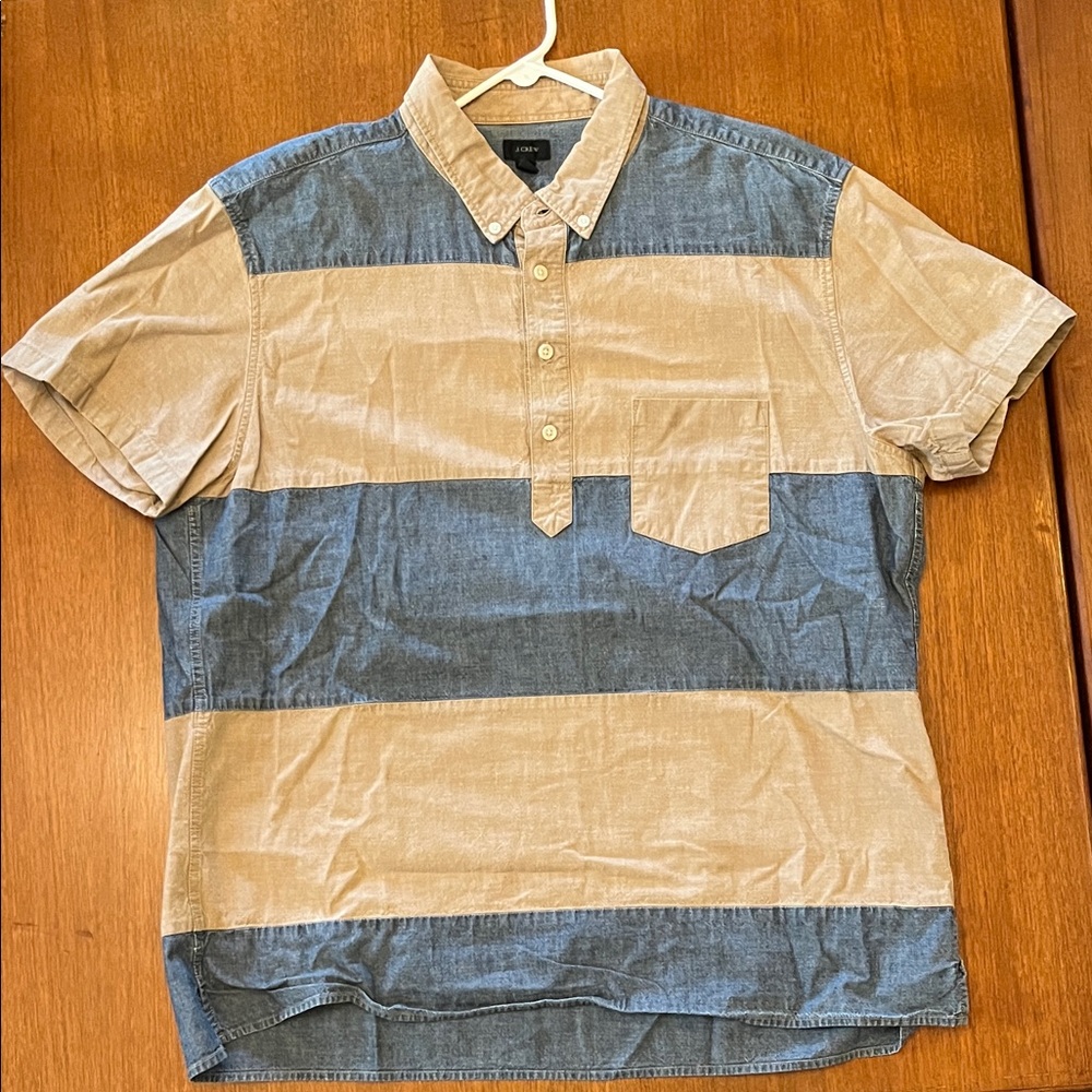 J. Crew Short-Sleeve Button-Down Shirt in Tan and Blue Wide Stripes, Men’s XL